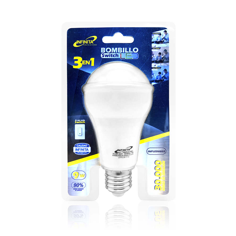 Bombillo Switch LED Infinita 9W 3 en 1 – Luz Cambiante