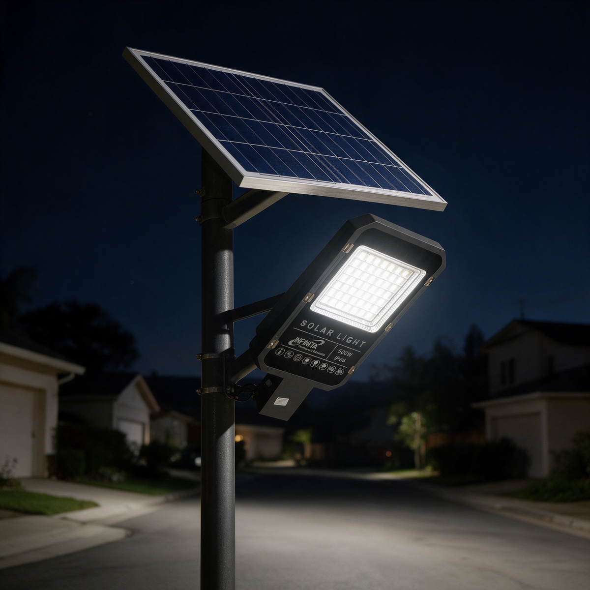 LÁMPARA LED 500W CON CARGADOR SOLAR Y ACCESORIOS CON BRAZO